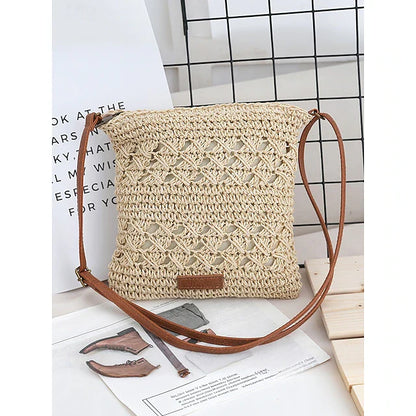 Handwoven Straw Crossbody Bag for Women – Boho Rattan Shoulder Bag with Adjustable Strap, Lightweight Summer Beach Purse for Vacation, Travel & Casual Outings Army Green Brown Khaki